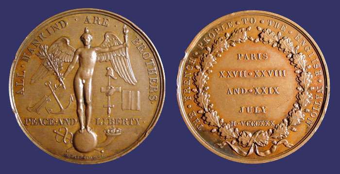 Anglo-French Peace Medal, 1830
[b]Photo by John Birks[/b]

Obverse: ALL MANKIND ARE BROTHERS, PEACE AND LIBERTY, GAYARD . S . CAQU . IN. (artists)

Reverse: THE FRENCH PEOPLE TO THE ENGLISH NATION, PARIS XXVII . XXXVIII AND XXIX JULY M.VCCCXXX (27, 28 and 29 July 1830)

Street insurrections in Paris known as Les Trois Glorieuses (The Three Glorious Days) caused the abdication of King Charles X (27-28-29 July 1830). Louis-Philippe became the new French king. He promoted important constitutional reforms, such as the suppression of censorship and replaced catholicism as the State religion as the "religion of the majority" (religion de la majorit). Louis-Philippe was later nicknamed the "king-citizen" (le roi-citoyen).

Armand Auguste Caqu (1793-1881) later became the medallist to Napoleon.  
 
  

