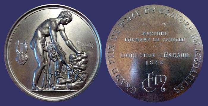 Mercure Formant le Caducee (Mercury Making the Caduceus), Grand Prize of Rome for the Engravure of Medals, 1848, Obverse
Club Fran�ais de la M�daille

No. 11/150
Keywords: favorites 4sale