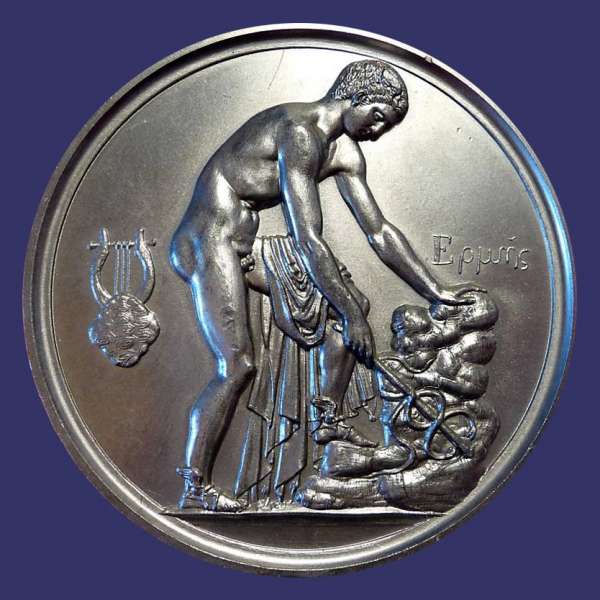 Mercure Formant le Caducee (Mercury Making the Caduceus), Grand Prize of Rome for the Engravure of Medals, 1848, Obverse
Club Fran�ais de la M�daille

No. 11/150
Keywords: birks_nude_male