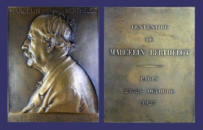 Marcelin Bethelot, One of the Founders of Modern Chemistry, 1901
[b]Photo by John Birks[/b]

Dimensions:  57 mm x 70 mm

Weight:  131 g

Obverse signed:  J.C. Chaplain, 1901

Edge:  BRONZE and corucopia mint mark of Monnaie de Paris

Marcellin (or Marcelin) Pierre Eugne Berthelot (25 October 1827  18 March 1907) was a French chemist and politician noted for the Thomsen-Berthelot principle of thermochemistry . He synthesized many organic compounds from inorganic substances and disproved the theory of vitalism. He is considered as one of the greatest chemists of all time. He was born at Paris, the son of a doctor. After doing well at school in history and philosophy, he became a scientist.

During 1851 he became a member of the staff of the Collge de France as assistant to A.J. Balard, his former master, and about the same time he began his life-long friendship with Ernest Renan. During 1854, he made his reputation by his doctoral thesis, Sur les combinaisons de la glycrine avec les acides, which described a series of beautiful researches in continuation and amplification of M.E. Chevreul's classic work. During 1859 he was appointed professor of organic chemistry at the cole Suprieure de Pharmacie, and in 1865 he accepted the new chair of organic chemistry, which was specially created for his benefit at the Collge de France. He became a member of the Academy of Medicine during 1863, and ten years afterwards entered the Academy of Sciences, of which he became perpetual secretary in 1889 in succession to Louis Pasteur. He was appointed inspector general of higher education in 1876, and after his election as life senator in 1881 he continued to take an active interest in educational questions, especially as affected by compulsory military service. In Ren Goblet's ministry of 1886-1887 he was minister of public instruction, and in the Bourgeois cabinet of 1895-1896 he held the portfolio for foreign affairs. His scientific jubilee was celebrated in Paris in 1901.

The fundamental conception that underlay all Berthelot's chemical work was that all chemical phenomena depend on the action of physical forces which can be determined and measured. When he began his active career it was generally believed that, although some instances of the synthetic production of organic substances had been observed, on the whole organic chemistry remained an analytical science and could not become a constructive one, because the formation of the substances with which it deals required the intervention of vital activity in some shape. To this attitude he offered uncompromising opposition, and by the synthetic production of numerous hydrocarbons, natural fats, sugars and other bodies he proved that organic compounds can be formed by ordinary methods of chemical manipulation and obey the same principles as inorganic substances, thus exhibiting the "creative character in virtue of which chemistry actually realizes the abstract conceptions of its theories and classifications-- a prerogative so far possessed neither by the natural nor by the historical sciences.


