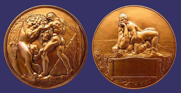 "La Lutte"
[b]From the collection of John Birks[/b]

Hercules Fighting the Lion, Wrestling Competition Medal.  
"La Lutte" translates from French to mean "The Fight".

Bronze, 50 mm, 78 g

