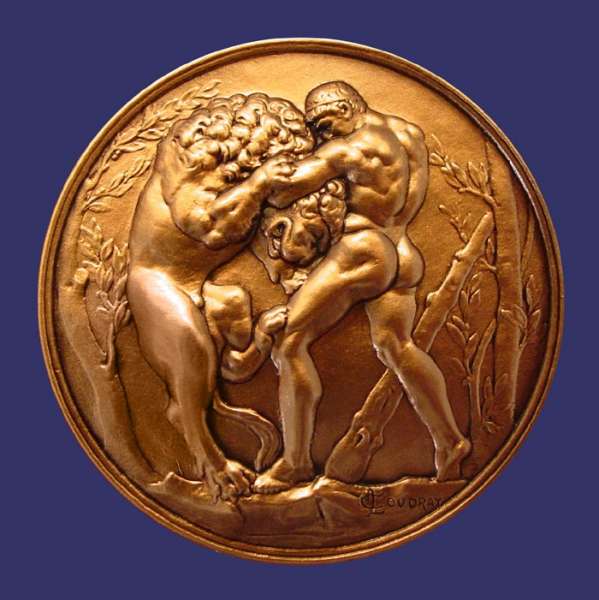 Coudray, Marie Alexandre-Lucien, La Lutte, Obverse
Bronze, 50 mm, 78 g

Modern restrike of this medal showing Hercules wrestling a Lion.  "La Lutte" translates from French to mean "The Fight".
Keywords: birks_nude_male