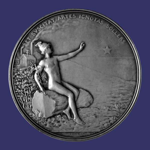 Devreese, Godefroid, Socit Gnrale, 1922, Silver, Reverse
This medal commemorates the 100th anniversary of the Socit Gnrale de Belgique, one of the largest companies that ever existed in Belgium. It was founded in 1822 by William I, and existed until 2003, when its then sole shareholder, Suez Lyonnaise des Eaux, merged it with Tractebel to form SUEZ-TRACTEBEL. King William I of the Netherlands, founded the company in 1822 under the name Algemeene Nederlandsche Maatschappij ter Begunstiging van de Volksvlijt, a company that had the goal of increasing the welfare of the country. After the Belgian Revolution of 1830, the company became Belgian, under the French name Socit Gnrale de Belgique. It then served until 1850 as the National Bank of Belgium. In the years before the Second World War, the company invested in roads, railroads and canals. It was also the main operation in the Belgian colonies, like in the Belgian Congo. After the 1929 Crash, the company split off its banking segment (1934), becoming the Generale Bank (now Fortis), but remained its largest stockholder. Starting in the end of the 1980s, the SUEZ company started to obtain a large portion of the Socit Gnrale's stock, which resulted in the full take-over of the company in 1998, by Suez Lyonnaise des Eaux.
Keywords: birks_nude_male