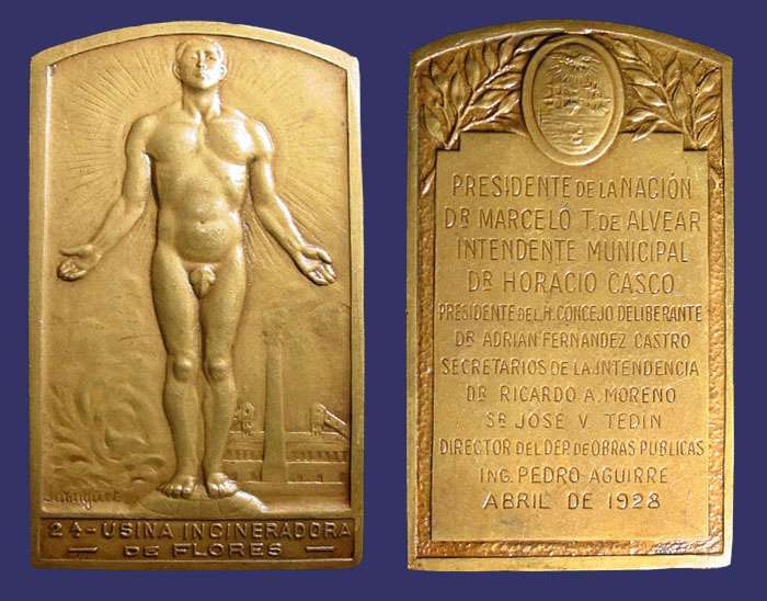 Jayniguet, Usina Incineradora de Flores, Argentina, 1928
From the collection of John Birks

This medal celebrates the establishment of an incineration facility in Argentina.  The reverse lists all of the officials involved, beginning with President  Dr. Marcel T. DeAlvear and is dated April 1928.
Keywords: nude male gay
