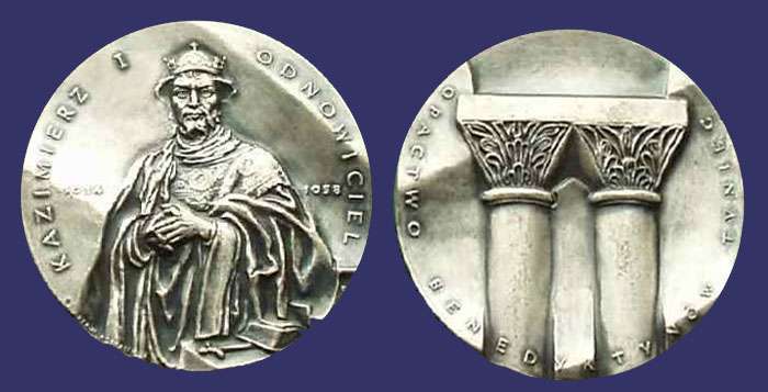 Prince Kazimierz I Odnowiciel (1038-1058)
[b]From the collection of Mark Kaiser[/b]

This medal is fom a series of 43 struck medals devoted to the history of the Polish monarchy and edited in 1985 - 2003 by the Polish Numismatic Society - Section in Koszalin. The author of the series is Ewa Olszewska-Borys, a featured artist on this website. All medals were struck by the Polish State Mint in Warsaw. See:  [url=http://www.olszewska-borys.artmedal.net]www.olszewska-borys.artmedal.net[/url] - The Royal Series. 
Keywords: contemporary modern