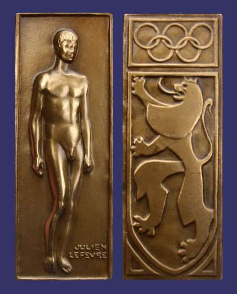 Nude Male, Belgian Lion, Olympic Rings
[b]From the collection of John Birks[/b]

This is possibly an Olympics participation medal for Belgian athletes.
