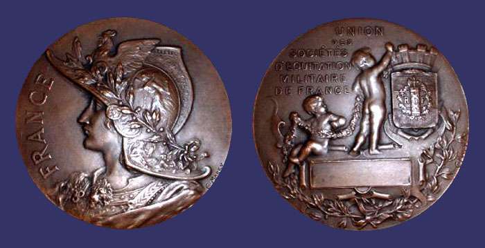 Gallia (by Marey) - Military Horsemanship Society Medal (by Coudray)
From the Collection of Mark Kaiser

Reverse by Lucien Coudray
Keywords: art nouveau
