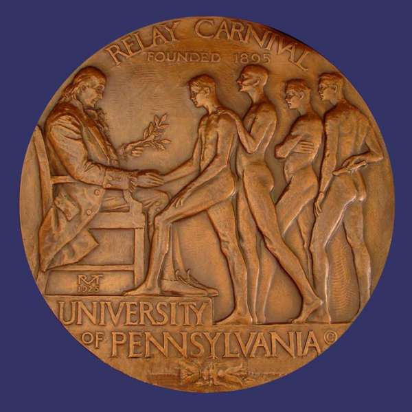 Relay Carnival, University of Pennsylvania, 1925
This particular plaque is 18 inches (46 cm) in diameter.  Smaller plaques (e.g., 8 inches) also were produced.  Listed as Kozar 52.

