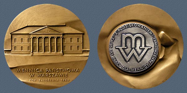 PRIZE MEDAL OF THE POLISH STATE MINT IN WARSAW, struck tombac  and tombac silvered, 70 and 40 mm, 1990
Keywords: contemporary
