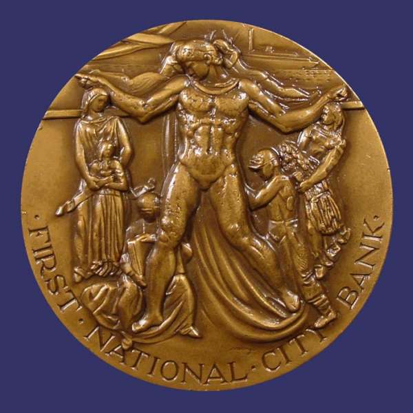 Monjo, Enrique, 150th Anniversary of the First National city Bank, 1962, Obverse
[b]From the collection of John Birks[/b]

[b]From the Artist[/b]

[b]Explanation of The Theme of The Medallion, Created in Barcelona, by Enrique Monjo, Spanish Sculptor[/b]

"On the face of the Medallion the heroic central figure represents the spirit of the American People expressed through your many great institutions of which first National City Bank is one.  The figure with extended arms offers his help, services and protection to the major elements of American life represented sculpturally around him; family, culture, commerce, transportation, industry and agriculture.  Each becomes strengthened through his foresight and inspiration."

"On the reverse side of the Medallion, the Tree of Service, bearing the Bank's seal in its branches is symbolic of peace, progress, and the promise of tomorrow.  A band, through the trunk of the tree, bearing the inscription '150 Years of Service,' extends its message of usefulness to Government and the branches of American life inscribed in the border, each of which is represented in the bas-relief on the face.  The tree's roots are set in the two dates of 1812-1962 which represent the span of life of the banking institution."

[b]The Sculptor[/b]

Enrique Monjo was born in Vilauz de Mar, Catelonia, Spain.  He was educated in his native country and in France and Belgium.  He is a Professor of Fine Arts, a member of the Spanish Academies of Fine Arts of San Fernando and of San Jorge, of the Hispanic Society of New York and of the Academy of Fine Arts of the U.S.A.  He won wide recognition through his exhibits in Paris, Madrid and New York.  He has held the International Honor Prize in Sculpture since 1956.  His work is personal, original, of heroic substance and large scale.

He produced important works in France, Belgium, Spain, England and the United States.  Critics place him among the worlds greatest artists.  Among his commissions in the United States, some now in preparation, are the Shrine of the Immaculate Conception Temple in Washington, D.C., the Apse of the new Cathedral in Miami, Florida, the Plaza of the new Seminary of  Miami, Florida, and the Oratory of the new Seminary of Detroit, Michigan.

The Art of the Medal as reproduced from sculptors models was introduced in this country by the Medallic Art Company in 1900.  The Company, which was responsible for the cutting of the first dies for United States coinage from sculptors models, and was instrumental in developing the die-cutting process most used at the United States Mint, was chosen to produce our commemorative Medallion.  Medallic Art Company has produced most of the outstanding medals plaques, and tablets used by leading associations, colleges, and industrial firms, including the Presidential Inaugural Medals in 1953, 1957 and 1961.


