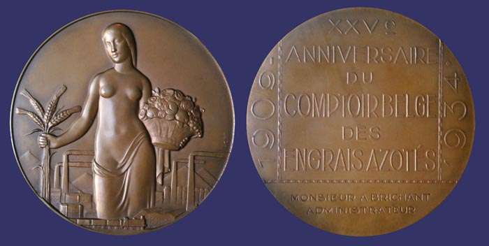 Rau, Marcel, 25th Anniversary of Belgian Society of Nitrogen Fertilizer, 1934
Bronze, 80.6 mm, 220 g
