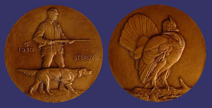 Society of Medalists Issue No. 1, Hunter and Dog - Grouse, 1930
[b] From the collection of John Birks[/b]

[i]Numbers Issued:  3,235 bronze, 125 silver[/i]

[b]From the Artist:[/b]

I chose the hunter with his dog because it presented the opportunity of telling a story embodying a human and animal element.  It has been studied as to correctness of detail so that it should have an appeal to those who are interested ion out-of door life.  The ruffed grouse forms the reverse.  It may be considered as a national game bird and is distinct in character and very decorative.
