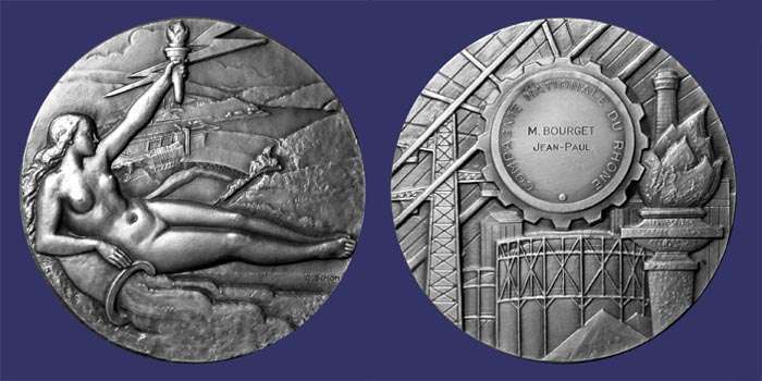 Compagnie Nationale du Rhone, Gas and Electricity Award Medal
[b]From the collection of John Birks[/b]

Silver, 67 mm, 164 g

Awarded to:  M. Jean-Paul Mourget

Edge:  "1967", "1Argent" and Cornucopia of Monnaie de Paris
