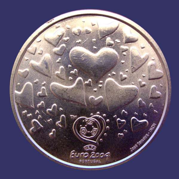 Teixeira, Jos, Futebol is Passion, Euro 2004, Portugal, 8 Euro, Obverse
Gift to me from the artist.  See other work by Jos Teixeira in his gallery in the Contemporary Medallic Artists section. 

Obverse:  EURO 2000, PORTUGAL, UEFA, and trademark symbol "TM"

Signed on Obverse:  JOS TEIXEIRA INCM

Reverse:  REPBLICA PORTUGUESA, 8 EURO
Keywords: contemporary, heart, love