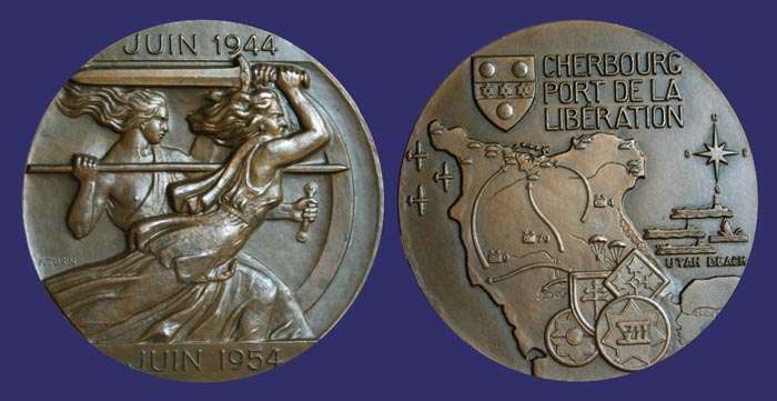 Ten Year Anniversary of Liberation of Cherbourg, 1954
[b]From the collection of John Birks[/b]
Keywords: art_deco_medal world_war_II