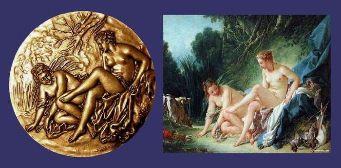 Diane Sortant du Bain (d'aprs Franois Boucher, 1742), ca. 1990 Strike
Comparison of the medal and Boucher painting
Keywords: john_wanted