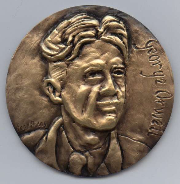 PAUL SCHELTENS: George Orwell (bronze)
Portrait of George Orwell - by Paul Scheltens - Belgium
70 mm. - uniface - numbered edition of 20 - Mauquoy Medal Company
(see aucton area of this site, if interested)

The British author George Orwell, pen name of Eric Blair, achieved prominence in the late 1940s as the author of two brilliant satires (1984 & Animal Farm). He wrote documentaries, essays, and criticism during the 1930s and later established himself as one of the most important and influential voices of the century. 

