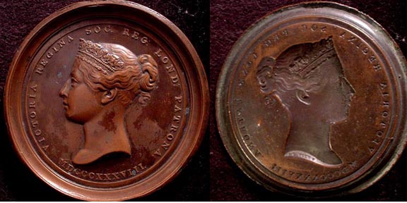 1838 Obverse Cliche Royal Society Medal W. Wyon
 British Historical Medals 1837-1901 by Laurence Brown. BHM#1885 ROYAL SOCIETY PRIZE MEDAL. The medal itself, in Copper, is considered "R" Rare.

It is interesting to note that in a footnote to the BHM description is the following. "The author has noted an obverse cliche' of this piece in a private collection." We refer to an item such as this as a Trial strike.

84mm 19 gms copper

This is no doubt UNIQUE!
