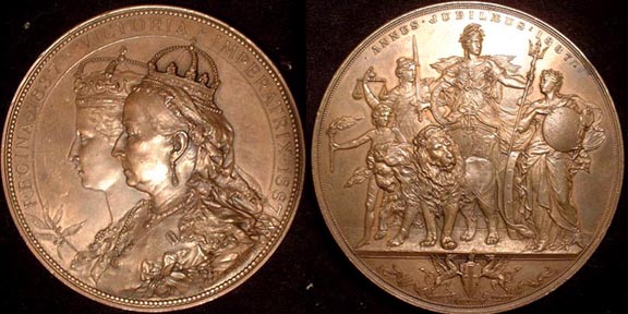 1887 COMMEMORATION OF THE JUBILEE OF QUEEN VICTORIA
Ref: Welch 22; Eimer #1732, BHM #3284,  Welch #22 in The City of London Medals series

Mintage: 450

SCHARFF, Anton: England, 1887, Bronze, 80 mm
Obv: Conjoined profile busts of Queen Victoria, crowned, representing her accession to the throne and of the Jubilee of her reign    REGINA. 1837. VICTORIA. IMPERATRIX. 1887
Rev: Britannia standing. Lions drawing a chariot led by a Genius holding Torch of Progress. On her right is Justice; on her left is Wisdom of the Nation with globe representing Britannia's extended sway.   ANNUS. JUBILAEUS. 1887.
Signed: A. SCHARFF




