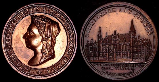 1887 Birmingham Law Courts by Messer Pinches(?)
Foundation Stone Laid by Queen Victoria 

BHM#3335 rarity "N" normal Copper 33.5gms 39mm
