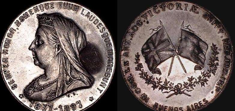 1897 JUBILEE SILVER MEDAL, BUENOS AIRES ARGENTINA
33mm SILVER MEDAL ISSUED BY BUENOS AIRES TO COMMEMORATE THE 60TH JUBILEE OF QUEEN VICTORIA.

Obverse: Veiled bust of Victoria facing left, with legend around: SEMPER HONOR NOMENQUE TUUM LAUDES QUE MANEBUNT * 1837-1897 *

Reverse: Two flags, with legend around: IN COM. LX ANN. ACC. VICTORIAE BRITT. REG. IND. IMP.  and below: BUENOS AIRES

