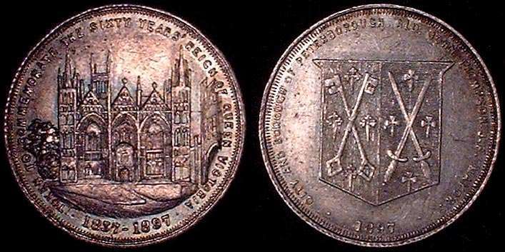 1897 Peterborough Commem of 60th
BHM 3601    Rated "R" Rare

SILVER TOKEN, FROM PETERBOROUGH IN NORTHAMPTONSHIRE,TO CELEBRATE VICTORIA'S 60TH JUBILEE IN 1897.

 UNUSUAL BECAUSE IT IS ABOUT THE SIZE OF A SILVER SHILLING TOKEN AND VERY SIMILAR OBVERSE DESIGN TO THE 1811 PETERBOROUGH SHILLING TOKEN (Dalton 5).

Obverse: View of West Front of Peterborough Cathedral, with legend around: TOKEN TO COMMEMORATE THE SIXTY YEARS' REIGN OF QUEEN VICTORIA . 1837 - 1897 .

Reverse: Shield of arms, with legend around: CITY AND BOROUGH OF PETERBOROUGH . ALD . JOHN THOMPSON . J. P. MAYOR . 1897 .

