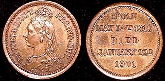 1901 Death medal in Bronze
12.5 mm unholed

Undocumented in BHM

