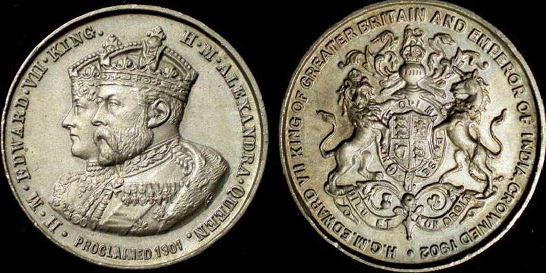 1902 Edward VII coronation by A. Fenwick
Pattern in White metal . Not in BHM.  32mm  11.5 grams
