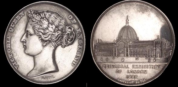 1862 Universal Exposition Medal By A Bovy
French Medal with English Script.  Medalist  A. Bovy

Reference SK-B020 in L. Allen's Coincraft Catague of The World's Show

50mm SILVER MEDAL FROM THE 1862 UNIVERSAL EXHIBITION AT CRYSTAL PALACE


