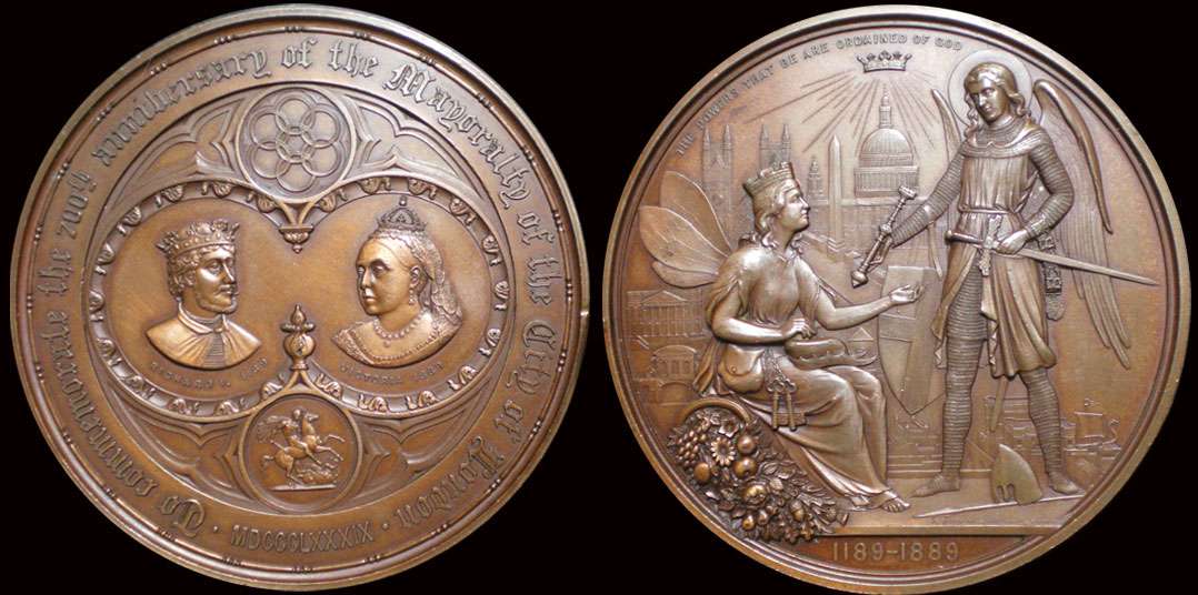 1889 700th Anniversary of the Mayoralty of the City of London


Obverse description ' Shows two conjoined circles containing busts of Richard I and Queen Victoria. A vignette of seven interlaced circles above. St. George and Dragon below. Legend in Gothic letters reads 'TO COMMEMORATE THE 700th ANNIVERSARY OF THE MAYORALTY OF THE CITY OF LONDON MDCCCLXXXIX

Reverse description ' Shows St. Michael standing handing City scepter to seated allegorical figure. View of St.Paul's and other buildings behind with sun rays over.

Size - 80 mm diameter x 9mm thick

Metal - Bronze, 270grams

450 Mintage . City of London Medal Series 
Keywords: Victoria   City of London Medal