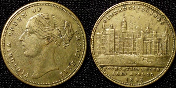 1845 Opening of Lincolns Inn New Hall and Library
BHM #2216 Bronze, Rarity "RR" VERY RARE , 23.4 mm,  4.8gms by T. Holiday? issued by J.Hicks. 

Opened Oct 30th 1845 Foundation Stone laid April 20 1843
 The buildings were designed byPhilip Hardwick and completed with the aid of his son, P.C. Hardwick. Built by Messrs Baker and Son. 
 
