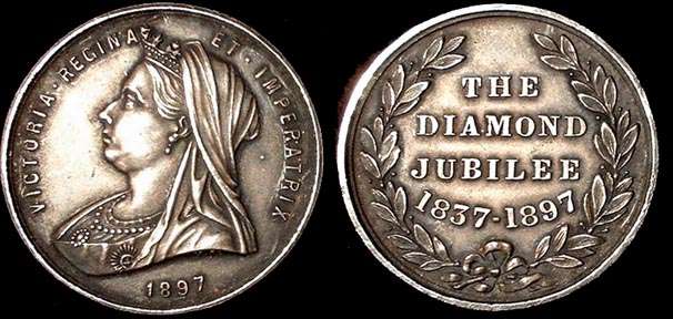 1897  Diamond Jubilee
Undocumented in BHM  Silver 32 mm 16.5 gms Vaught & sons Gothic Works Birmingham
