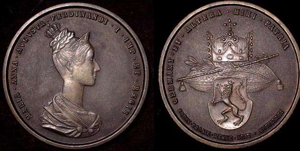 1836 Prague Coronation of Ferdinand I and Maria Anna Augusta,
A commerative medal celebrating the coronation of Empress Maria Anna Augusta and Emperor Ferdinand I as queen and king of Bohemia in Prague in September 1836. Blackened bronze, highlights polished brighter. Obverse inscribed: "MARIA . ANNA . AVGVSTA . FERDINANDI . I . IMP . ET . REGIS", reverse: "GERMANY . ET . ALTERA . MIHI . PATRIA / CORON.PRAGAE.MENSE.SEPT.MCCCXXXVI(sic)" with crown on cushion above Bohemian coat of armsBronze 76mm 78.5gms
