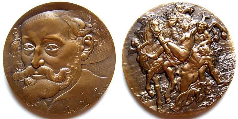 Peter Paul RUBENS Medal
Dia=100mm.
This large medal was issued in 2007 for the 430th birthday of Peter Paul RUBENS(b. June 28, 1577, d. May 30, 1640 ),He was the most renowned northern European artist of his day, and is now widely recognized as one of the foremost painters in Western art history. 
The reverse is his famous painting, The Abduction of the Daughters of Leucippus.
If you want it, tell me.
Keywords: RUBENS art Medal
