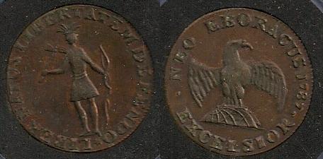 JAB-36  New York Cent Fascimile  Copper
28mm  -  40 struck
The dies were cut in 1869. They were canceled and give to the Boston Numismatic Society. They are currently unaccounted for.

The Bolen copies can be distinguished from the originals in a number of ways. The copies have nine feathers in the Indian's headress, while the originals have only seven. The copies also have perfect A's, while the originals show a break at the upper left portion of the letters.

Steve Hayden sold an XF example on his website in September 2010 for $900.  Stacks sold an Unc. example for $1051 in a January 2008 auction, lot 5785.
Keywords: Bolen, New York
