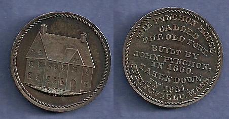 JAB-39 Pynchon House Medal Silver
10 Struck in Silver
Dies cut in 1881.  They were sold for $2530 in the January 2011 Stacks auction of the Q.D. Bowers collection.

The Pynchon House was built in 1660 by Major John Pynchon, son of the city's founder.  It earned the name "The Old Fort" when the town's residents took refuge inside from an Indian attack.  It's sturdy brick walls provided protection when all the other wooden dwellings in town were destroyed by fire.  Bolen's medal commemorates the 50th anniversary of the demolition of the building.

A Choice Uncirculated example sold for $1763 in the August 2017 Stacks sale, lot 65. Hayden sold a MS-65 piece for $1200 in December of 2017. A NGC-64 brought $408 in the March 2020 sale at the start of the Covid-19 pandemic and is listed as my second example of this variety. 
