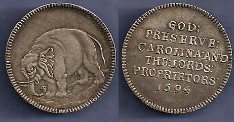 JAB-33 CAROLINA ELEPHANT Silver
28mm  -   Two struck
Dies cut in 1869
The piece shown is the Eliasberg copy, purchased from Johnathan K. Kern.

An example struck over an 1805 Half Dollar sold for $12,650 in the May 2006 Stacks sale.  The same piece was offered for sale in an August 2007 Smyth Fixed Price List for $18,500.  Bolen's personal copy with lettered edge was sold by Stacks in March of 2009 for $3450, lot 3159.
Keywords: Bolen, Elephant