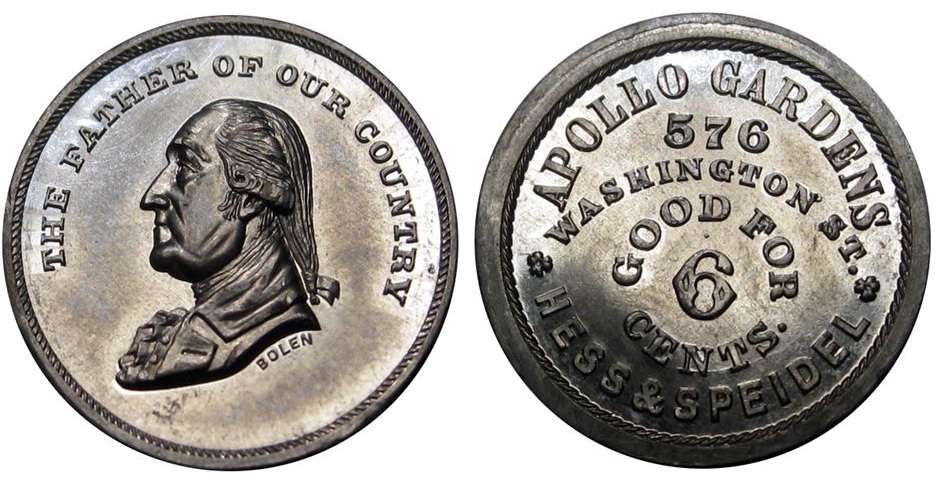 Mule JAB W-07 WASHIGTON / APOLLO GARDENS Tin 
28mm - Five struck

This mule consists of the Obverse of JAB-14 combined with an Apollo Gardens reverse. The obverse die was cut in 1864 and it is believed that Merriam cut the reverse die in 1863. Both dies are currently unaccounted for.

An MS-62 example was sold by Hayden in August 2015 for $600.  An MS-63 piece sold for $700 in his January 2016 sale, lot 696.



   
  
 


