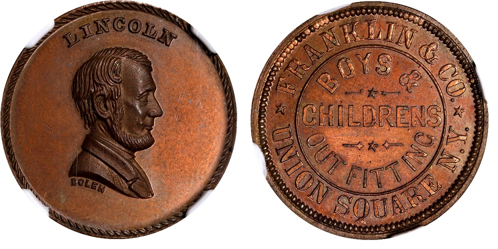 Mule JAB K-10 LINCOLN / FRANKLIN & CO. Copper
25mm - Unknown number struck

The example pictured is the only Copper example I have record of being sold.  It was acquired for $600 in the Stacks June 2022 sale, lot 4043.
