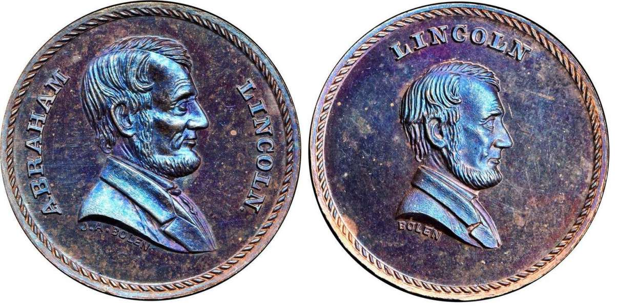 Mule JAB M-08 LINCOLN / LINCOLN COPPER
25mm - 5 Struck

The example pictured was Bolen's personal example.  It is edge marked "B   5" and was acquired in the November 2021 Stacks Bowers sale.

