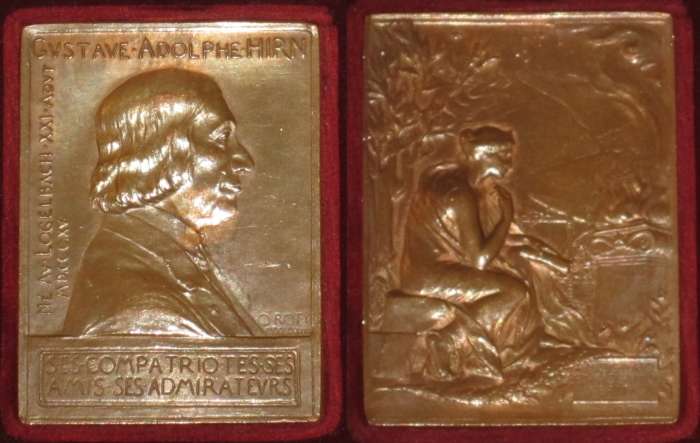 G. A. Hirn
Rectangular bronze medal ("bronze" and cornucopia struck on lower edge), 4.5x6cm honoring the French physicist and astronomer Gustave Adolphe Hirn, image and full description visible at http://www.metmuseum.org/Collections/search-the-collections/187500?rpp=20&pg=3&rndkey=20140218&ao=on&ft=*&deptids=12&who=Louis-Oscar+Roty&pos=49 
Keywords: Gustave_Adolphe_Hirn