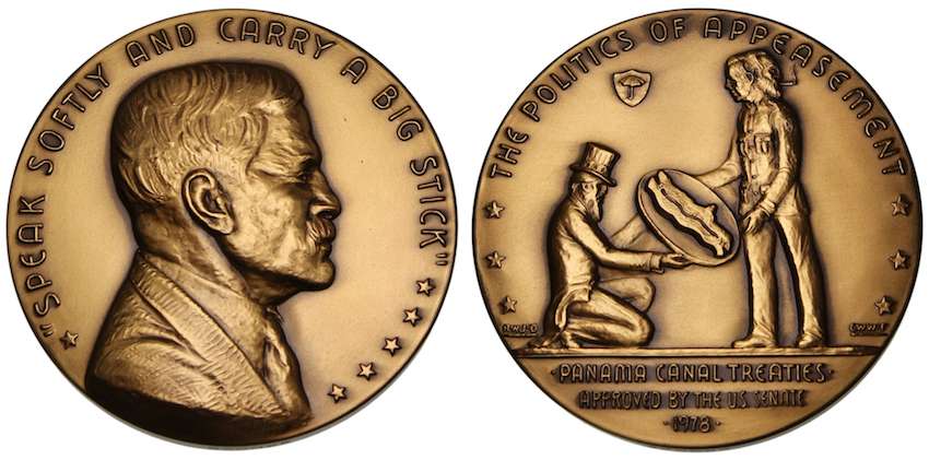 UNITED STATES. Bronze Medal. Struck 1978. R. W. Julian's Satirical Series: The Panamamanian Appeasement
UNITED STATES. Bronze Medal. Struck 1978. R. W. Julian's Satirical Series: The Panamamanian Appeasement (63mm, 144.74 g, 12h). By W. Williams. "SPЄAK SOFTLY AND CARRY A BIG STICK," bust of Theodore Roosevelt (leading proponent of the building and American administration of the Panama Canal) right / THE POLITICS OF APPЄASЄMЄNT, Uncle Sam genuflecting right, presenting the Panama Canal (on a silver salver) to janiform dictator (representing Panamanian "Maximum Leader" Omar Torrijos and Cuban "President" Fidel Castro); to upper left, shield with umbrella (symbolic of Neville Chamberlain–a reminder of the 40th anniversary of the München Agreement and the appeasement to Hitler); in two lines in exergue, PANAMA CANAL TRЄATIЄS / APPROVЄD BY THE U. S. SЄNATЄ. RWJ 78. Choice Mint State. As issued, the second in R. W. Julian's series. Mintage of just 1,340 pieces.

Part of a brief series of five satirical medals with themes that, in the opinion of this cataloger, run to the right side of the political aisle. Designed with highly nuanced iconography and an eye toward classical motifs, this series is unparalleled in modern American numismatics and should appeal to everyone, no matter their personal ideologies.
Keywords: roosevelt cuba panama castro torrijos satire