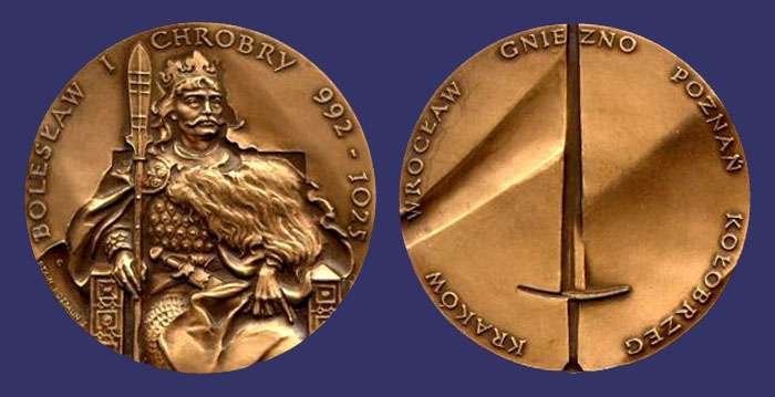 King Boleslaw I Chrobry (922-1025)
[b]From the collection of Mark Kaiser[/b]

This medal is fom a series of 43 struck medals devoted to the history of the Polish monarchy and edited in 1985 - 2003 by the Polish Numismatic Society - Section in Koszalin. The author of the series is Ewa Olszewska-Borys, a featured artist on this website. All medals were struck by the Polish State Mint in Warsaw. See:  [url=http://www.olszewska-borys.artmedal.net]www.olszewska-borys.artmedal.net[/url] - The Royal Series. 
Keywords: modern contemporary