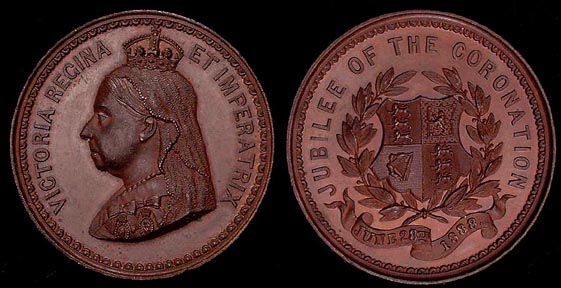 1888 Victoria  Golden Jubilee by J. Carter
BHM#3352 and only listed as being minted in White Metal with a Rarity of "R" RARE.

This piece is copper/bronze 29.5gms 38.5mm Making it undocumented or possibly a unique piece
