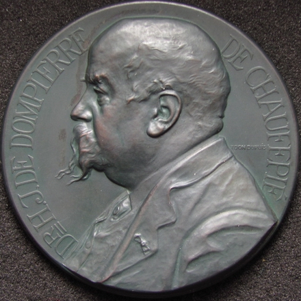 1908 Dr. H.J. de Dompierre Belgium Medal by T. Dupuis
Belgian Association of Friends of the  Medal by Toon Dupuis.   The medal is 68.90 mm in diameter and is made of silver that has been toned in greenish-gray (with a total weight of 4.698 ounces)  The medal has gorgeous even colored surfaces and wonderful details.  It comes in its very beautiful original case of issue. 
